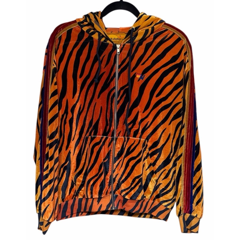 Aviator Nation Classic Velvet Relaxed Zip Hoodie Tiger Print Size Large